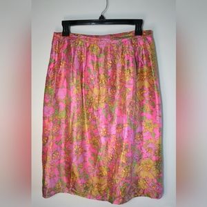 Vintage floral straight knee length skirt Rare and Beautiful pink purple gold M